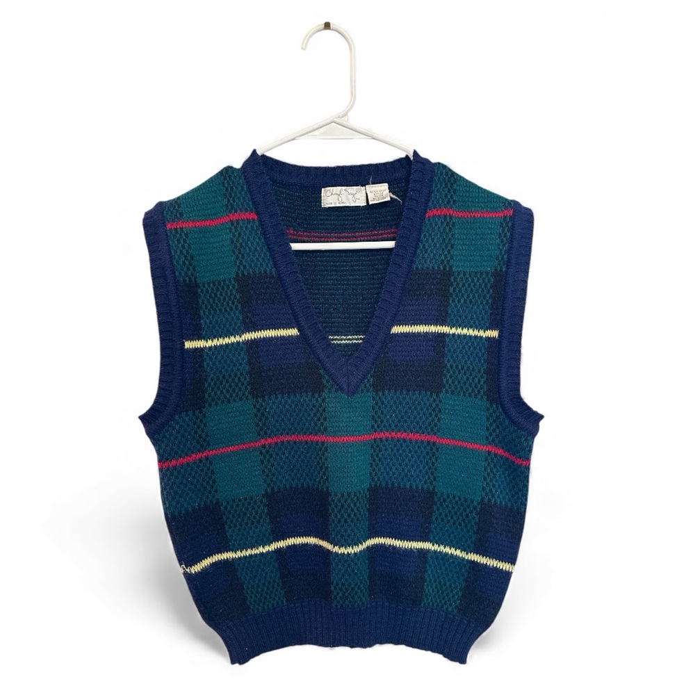 Vintage 80’s/90’s Cheryl Tiegs Blue and Green Plaid V-Neck Sweater Vest XS